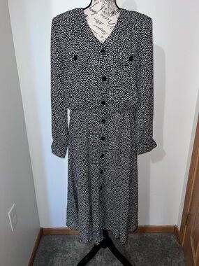 Breli Originals Vintage Black White Clover Print Midi Button Front Dress Size 14